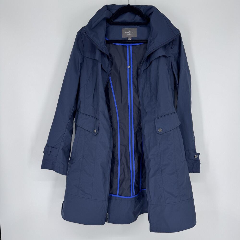 Cole Haan Raincoat‎ Jacket Womens Medium Navy Hooded Zip Mid Length Trench Parka